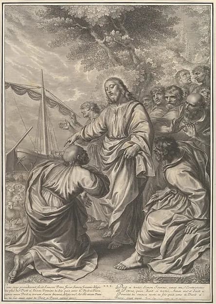 Christ Giving Custody of His Herds to St. Peter, from The Passion of Christ, plate 30 by Grégoire Huret depicting Matthew 4