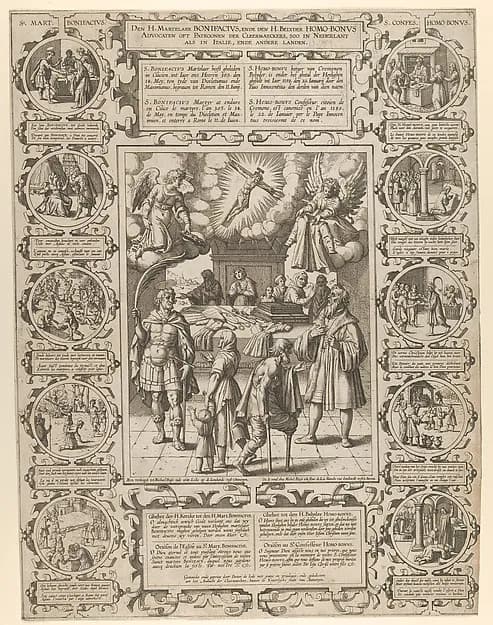 St. Bonifacius and St. Homobonus, Patron Saints of Tailors by Pieter de Jode II depicting John 1