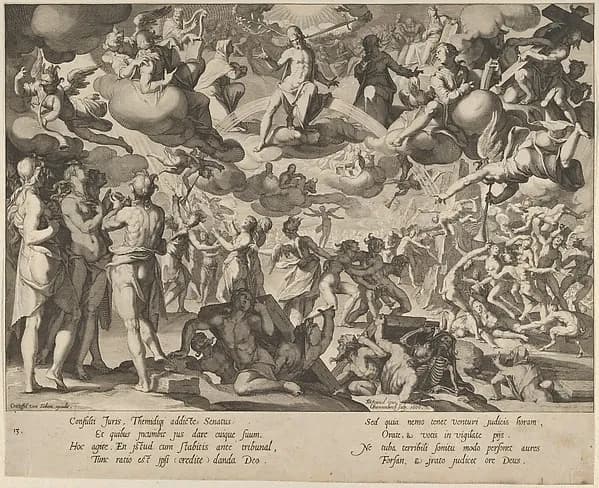 The Last Judgment, plate 13 from "Thronus Justitiae, tredecim pulcherrimus tabulis..." by Willem van Swanenburg depicting Revelation 20