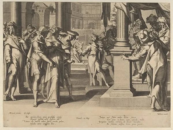 Susanna before Daniel, plate 3 from "Thronus Justitiae, tredecim pulcherrimus tabulis..." by Willem van Swanenburg depicting Daniel 2
