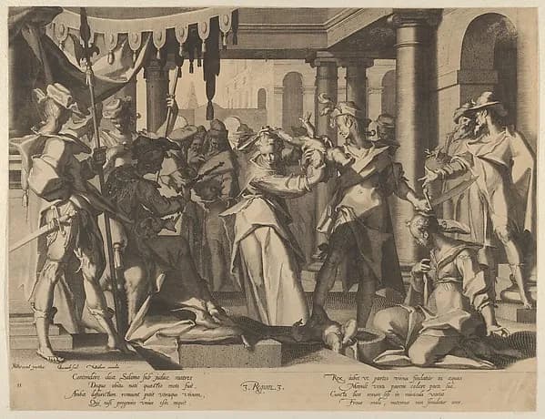 Judgment of Solomon, plate 2 from "Thronus Justitiae, tredecim pulcherrimus tabulis..." by Willem van Swanenburg depicting 1 Kings 3