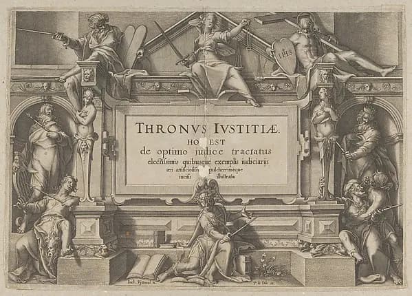Title Page Set in an Architectural Frame with Allegorical figures and Christ, from "Thronus Justitiae, tredecim pulcherrimus tabulis..." by Willem van Swanenburg depicting John 1