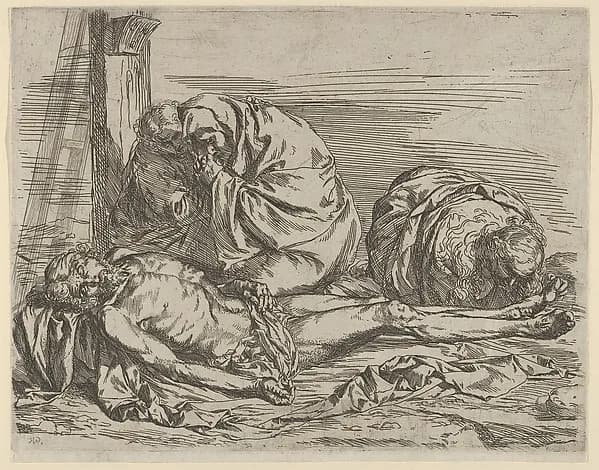 The Virgin, Saint John the Baptist, and Mary Magdalene weeping over Christ's dead body by Jusepe de Ribera (called Lo Spagnoletto) depicting Matthew 3
