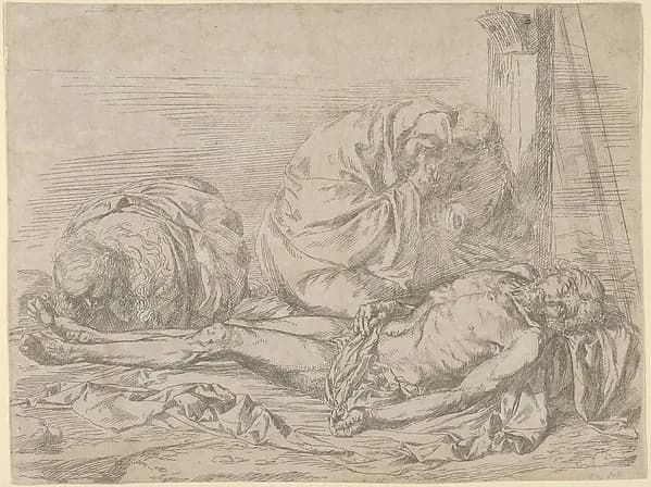 The Virgin, Saint John the Baptist, and Mary Magdalen weeping over Christ's dead body by Jusepe de Ribera (called Lo Spagnoletto) depicting Matthew 3