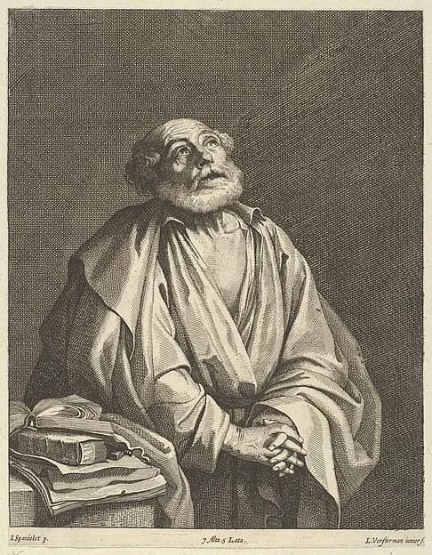 Saint Peter in prayer, looking upwards and to the right by Lucas Vorsterman II depicting Matthew 4