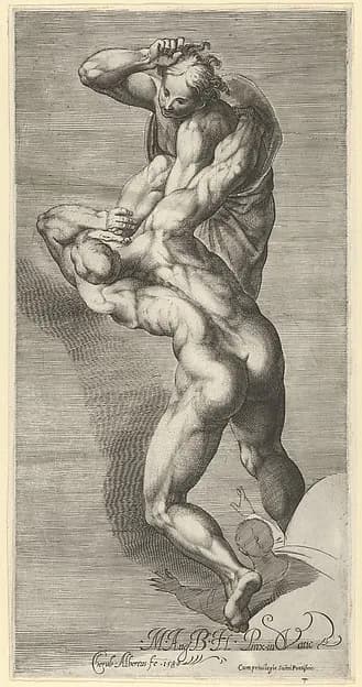 Two damned souls fighting, after Michelangelo's "The Last Judgment" fresco in the Sistine Chapel by Cherubino Alberti (Zaccaria Mattia) depicting Revelation 20