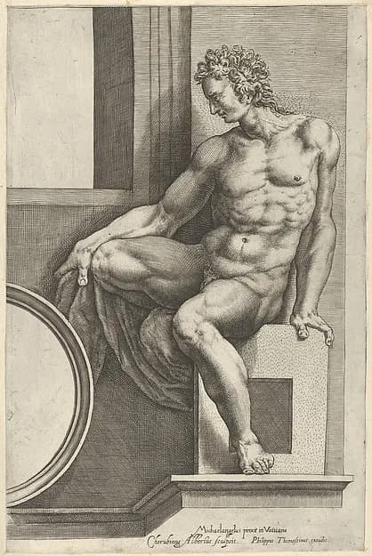 A naked man (Ignudo), seated facing left, holding a piece of fabric, after Michelangelo's  'The Last Judgment' fresco in the Sistine Chapel by Cherubino Alberti (Zaccaria Mattia) depicting Revelation 20