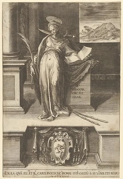 Saint Susanna in an interior holding an open book in her left hand, a palm in her right, a landscape visible through a window at right and at bottom center a coat of arms by Cherubino Alberti (Zaccaria Mattia) depicting Daniel 13