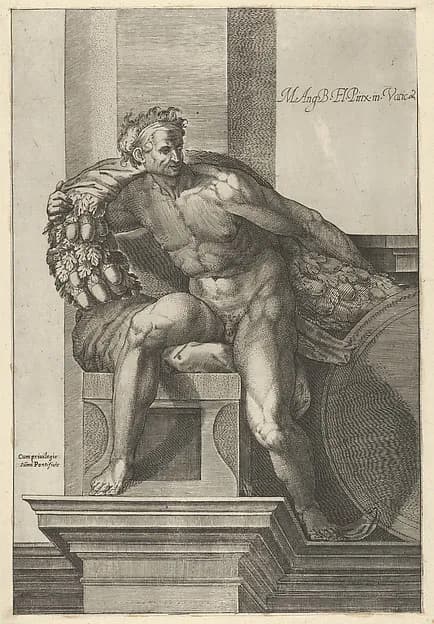 A naked man (Ignudo) with a garland with acorns over his shoulders, after Michelangelo's  'The Last Judgment' fresco in the Sistine Chapel by Cherubino Alberti (Zaccaria Mattia) depicting Revelation 20