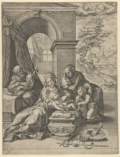 The Holy Family with Saint Anne and the young Saint John the Baptist by Cherubino Alberti (Zaccaria Mattia) depicting Matthew 3