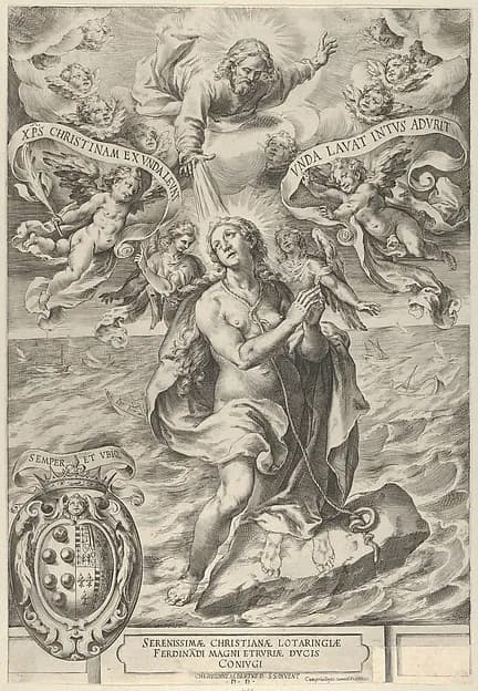 The Martyrdom of Saint Cristina di Bolsena with God the Father above by Cherubino Alberti (Zaccaria Mattia) depicting John 1
