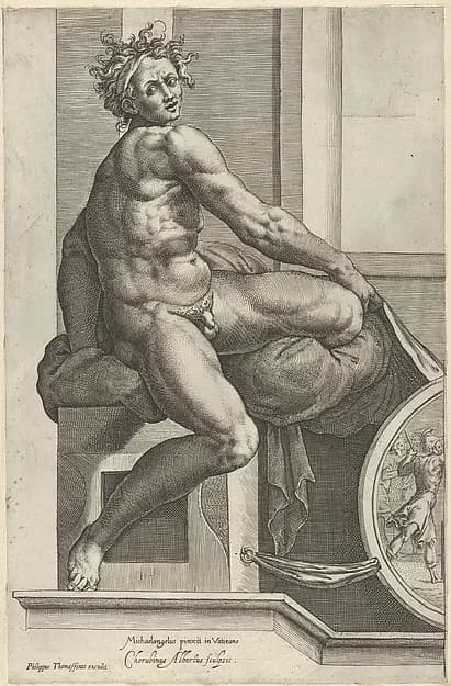 A naked man (Ignudo), twisting towards the right, holding drapery, after Michelangelo's  'The Last Judgment' fresco in the Sistine Chapel by Cherubino Alberti (Zaccaria Mattia) depicting Revelation 20