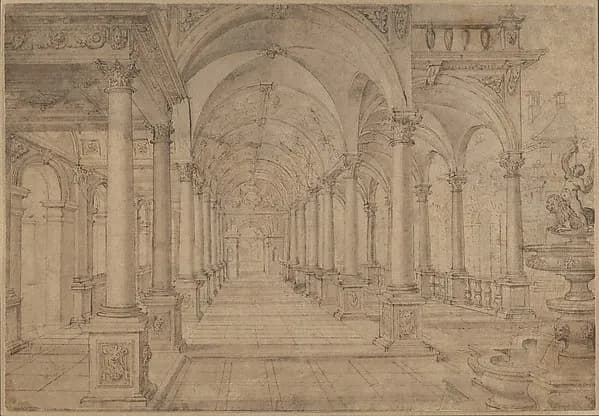 Architectural Capriccio with an Arcade and Fountain in Point Perspective [Study for a Painting of John the Baptist before Herod] by Hans Vredeman de Vries depicting Matthew 3