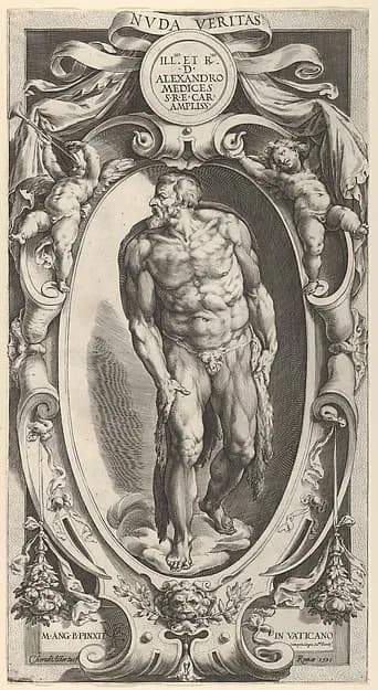 Saint John the Baptist in a decorative border, after Michelangelo's  'The Last Judgment' fresco in the Sistine Chapel by Cherubino Alberti (Zaccaria Mattia) depicting Matthew 3