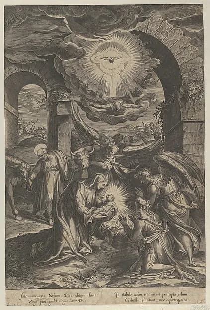 The Birth of Christ, who is held by the Virgin against a penumbra of light, adoring angels, and Joseph leading a donkey at left by Cherubino Alberti (Zaccaria Mattia) depicting Luke 1