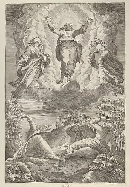 The Transfiguration with Christ flanked by two saints and with the Apostles below by Cherubino Alberti (Zaccaria Mattia) depicting Matthew 17