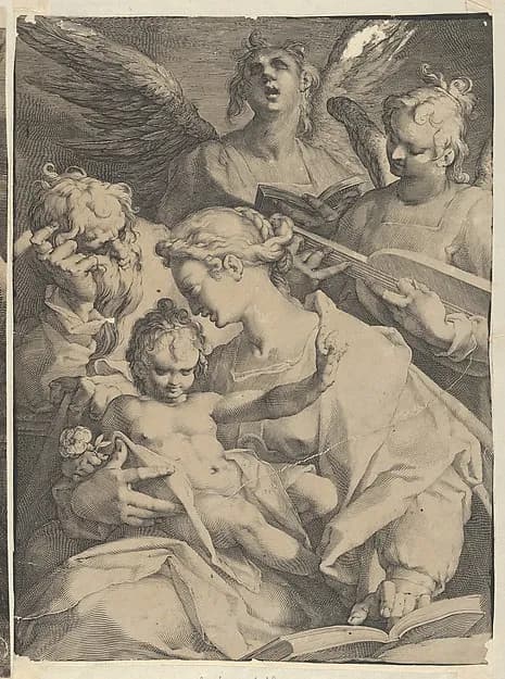 Holy Family and Two Music-Making Angels by Jan Muller depicting Luke 2