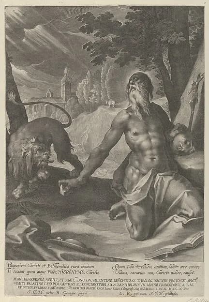 Saint Jerome in the Desert by Lucas Kilian depicting Romans 8