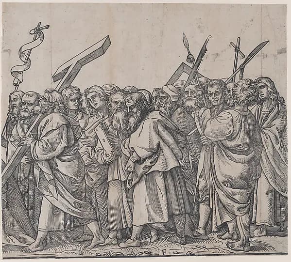 Section F: Saints holding crosses, books, and weapons, from "The Triumph of Christ" by Andrea Andreani depicting John 1
