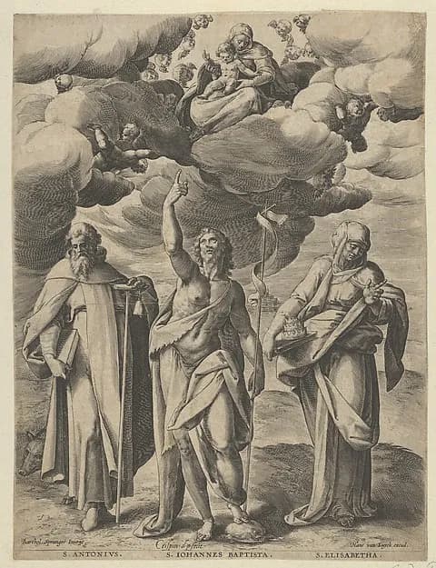Saint Anthony, Saint John the Baptist, and Saint Elizabeth by Crispijn de Passe the Elder depicting Matthew 3
