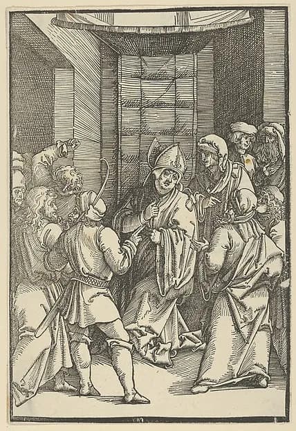Christ before Caiaphas, from Speculum passionis domini nostri Ihesu Christi by Hans Schäufelein depicting Matthew 27