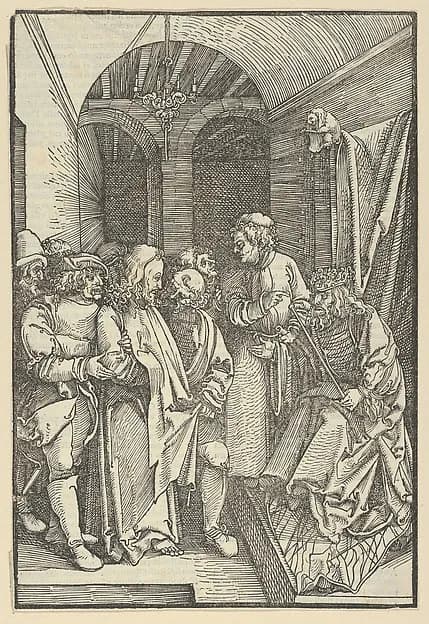 Christ before Herod in a Hall, from Speculum passionis domini nostri Ihesu Christi by Hans Schäufelein depicting Matthew 2