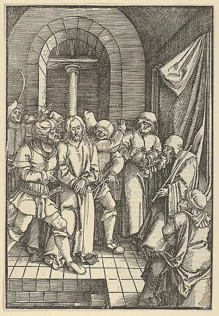Christ before Annas, from Speculum passionis domini nostri Ihesu Christi by Hans Schäufelein depicting Matthew 27