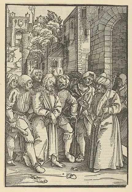Christ before Pilate in front of his Palace, from Speculum passionis domini nostri Ihesu Christi by Hans Schäufelein depicting Matthew 27