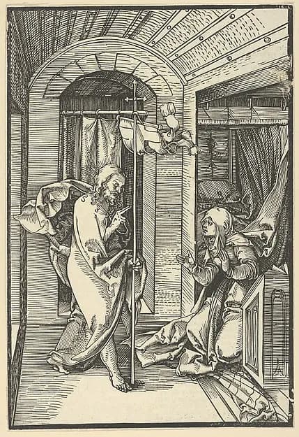 Christ Appearing to his Mother, from Speculum passionis domini nostri Ihesu Christi by Hans Schäufelein depicting Luke 1