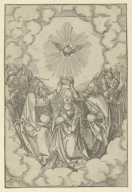The Coronation of Mary, from Speculum passionis domini nostri Ihesu Christi by Hans Schäufelein depicting Luke 1