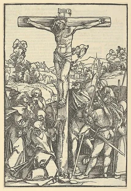 The Crucifixion, from Der beschlossen gart des rosenkranzes marie by Hans Schäufelein depicting Matthew 27