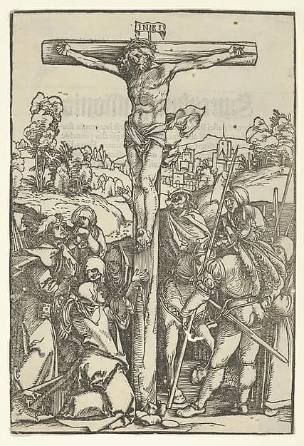 The Crucifixion, from "Speculum passionis domini nostri Ihesu Christi" by Hans Schäufelein depicting Matthew 27