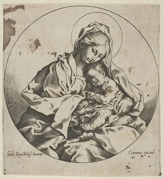 The Virgin holding the infant Christ, a circular composition, after Reni by Anonymous, 17th century depicting Luke 2