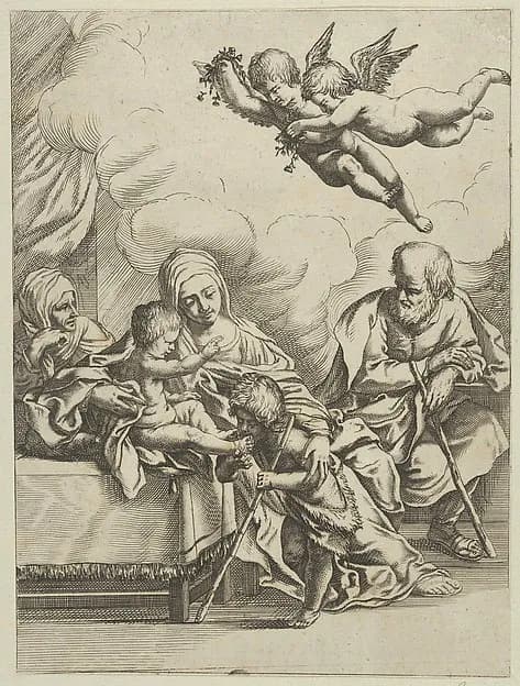 The Holy Family with young John the Baptist and Saint Elizabeth, two angels above, after Reni by Anonymous, 17th century depicting Matthew 3