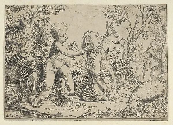 Young Saint John the Baptist kneeling before the infant Christ who caresses his face, the Virgin and Joseph in the background at right, after Reni by Anonymous, 17th century depicting Matthew 3