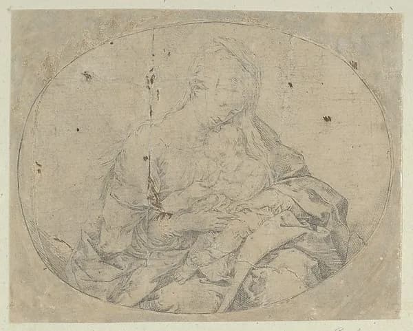 The Virgin holding the infant Christ, an oval composition, counterproof by Guido Reni depicting Luke 1