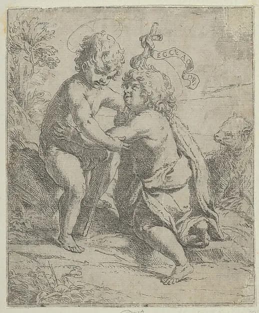 The young Saint John the Baptist kneeling before the young Christ who embraces him, a lamb at right by Guido Reni depicting Matthew 3