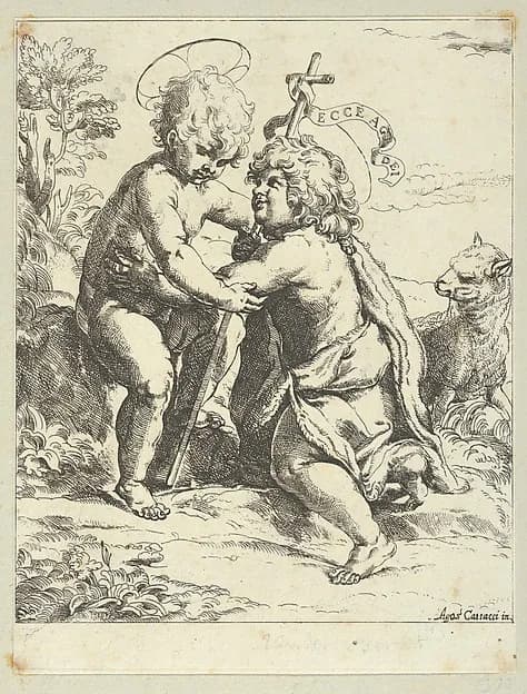 The young Saint John the Baptist kneeling before the young Christ who embraces him, a lamb at right, after Reni by Anonymous, 17th century depicting Matthew 3
