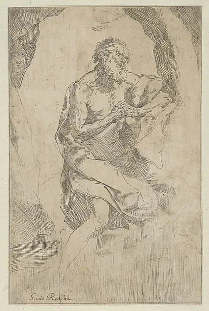 Saint Jerome kneeling on a rock in front of a cross and an open book facing right, after Reni by Anonymous, 17th century depicting Romans 8