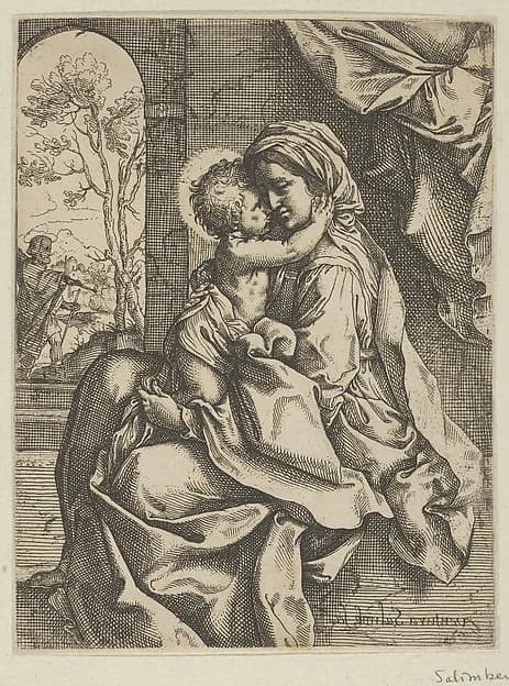 The Virgin seated with the Christ Child on her lap embracing her, Joseph seen through an archway at left, after Reni by Ventura Salimbeni depicting Luke 2