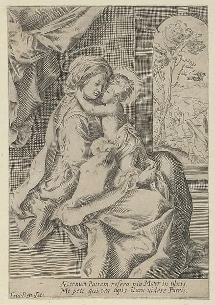 The Virgin seated with the Christ Child on her lap embracing her, St Joseph seen through an archway at right, after Reni by Anonymous, 17th century depicting Luke 2