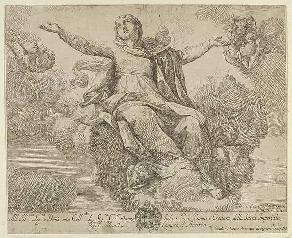 The Assumption of the Virgin, who is seated in the clouds with arms outstretched, angels surrounding her by Fra Antonio Lorenzini depicting Luke 1