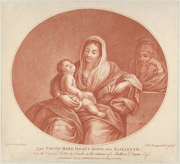 The Virgin seated with the infant Christ sleeping in her lap, Saint Elizabeth at right, an oval composition, after Reni by Robert Menageot depicting Luke 2