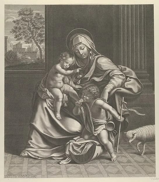 The Virgin seated with the infant Christ on her lap, the young Saint John the Baptist kneeling on Christ's cradle and caressing his foot, a lamb at right, after Reni by Guillaume Vallet depicting Matthew 3