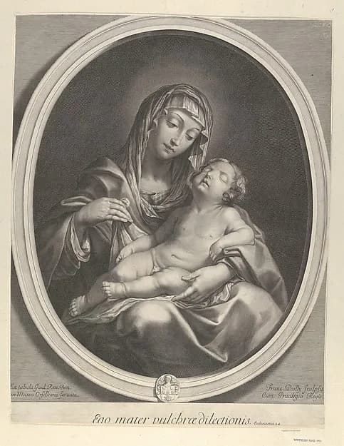 The Virgin seated with the infant Christ sleeping in her lap, in an oval frame, after Reni by Francois de Poilly depicting Luke 2