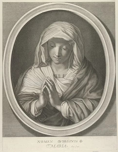 The Virgin in prayer looking down, in an oval frame, after Reni by Francois de Poilly depicting Luke 1