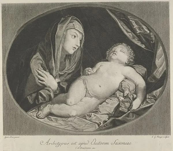 The Virgin with arms crossed over her chest looking at the sleeping infant Christ, in an oval frame, after Reni by Ephraim Gottlieb Krüger depicting Luke 1