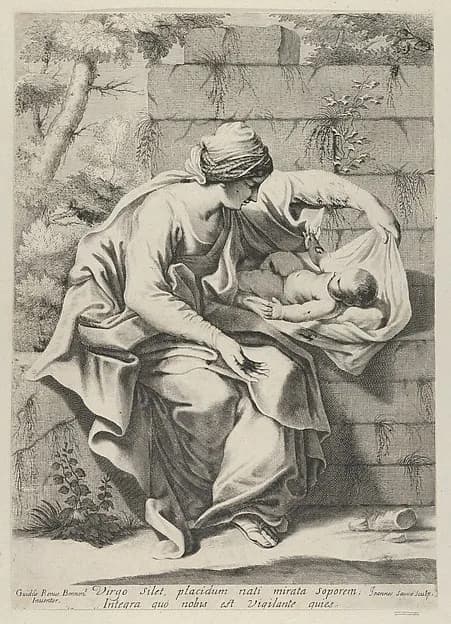 The Virgin seated on a stone ledge with the infant Christ lying on a cushion next to her, after Reni by Jean Sauvé depicting Luke 2