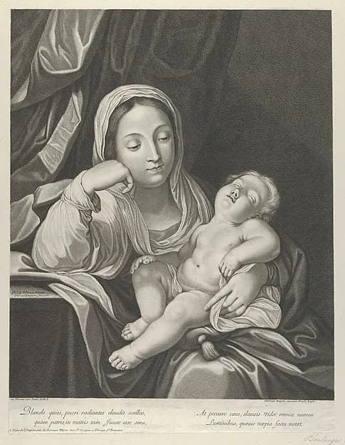 The Virgin seated with her head resting on her right hand, holding the sleeping infant Christ on her lap, after Reni by Jean Boulanger depicting Luke 2