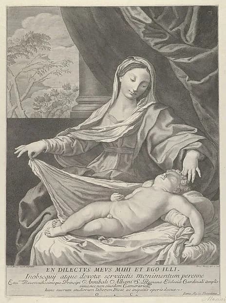 The Virgin holding a cloth above the sleeping infant Christ, after Reni by Pietro Masini depicting Luke 2